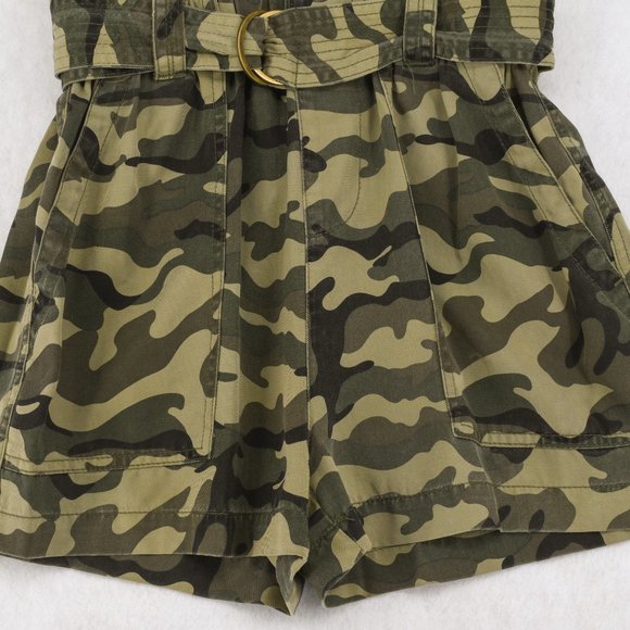 Pam & Gela Womens Romper Green Camo Puff Sleeve Zip Front Elastic Waist Jumpsuit - Picture 5 of 9